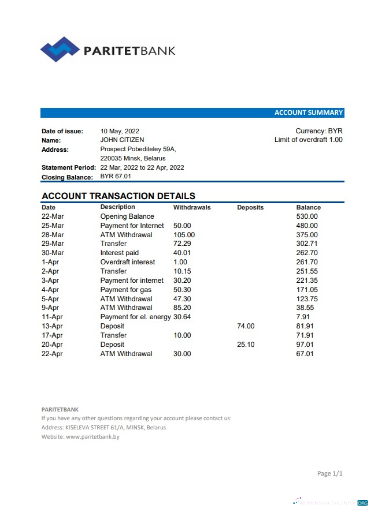 Download Belarus Paritet bank statement excel Photoshop template